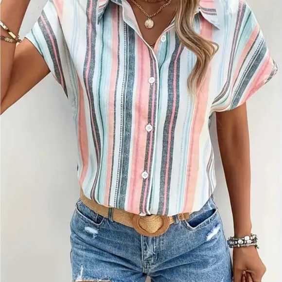 Striped Multicolor Button-Up Women's Top - Picture 2 of 11